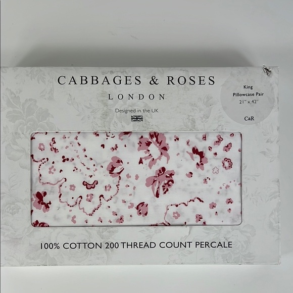 Cabbages & Roses Floral Pillowcases King Pink White Cotton Percale Set of 2 NEW - Picture 1 of 7